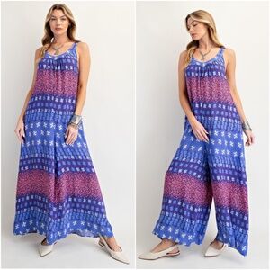 Easel Blue and Pink Patterned Jumpsuit